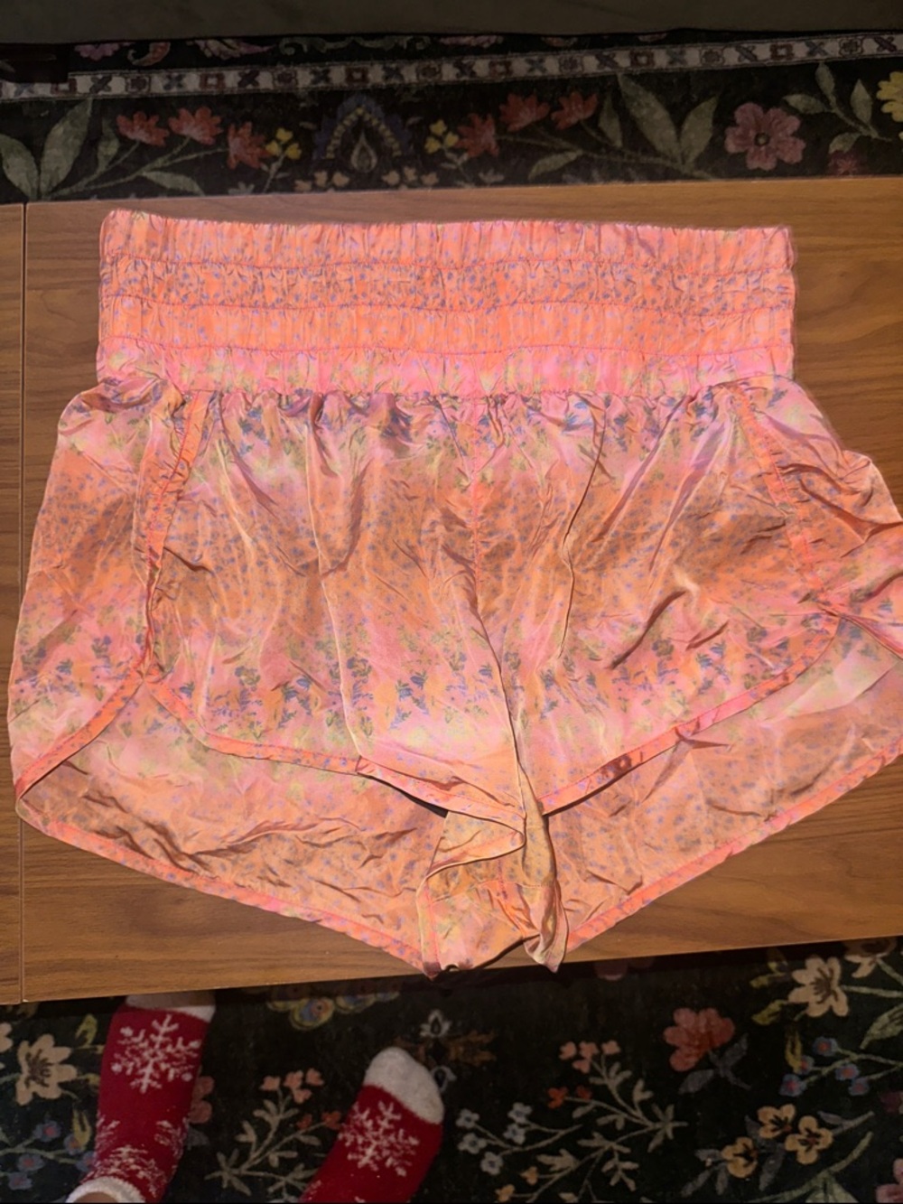 Smocked Waist Floral Satin Lounge Shorts - Coral Pink